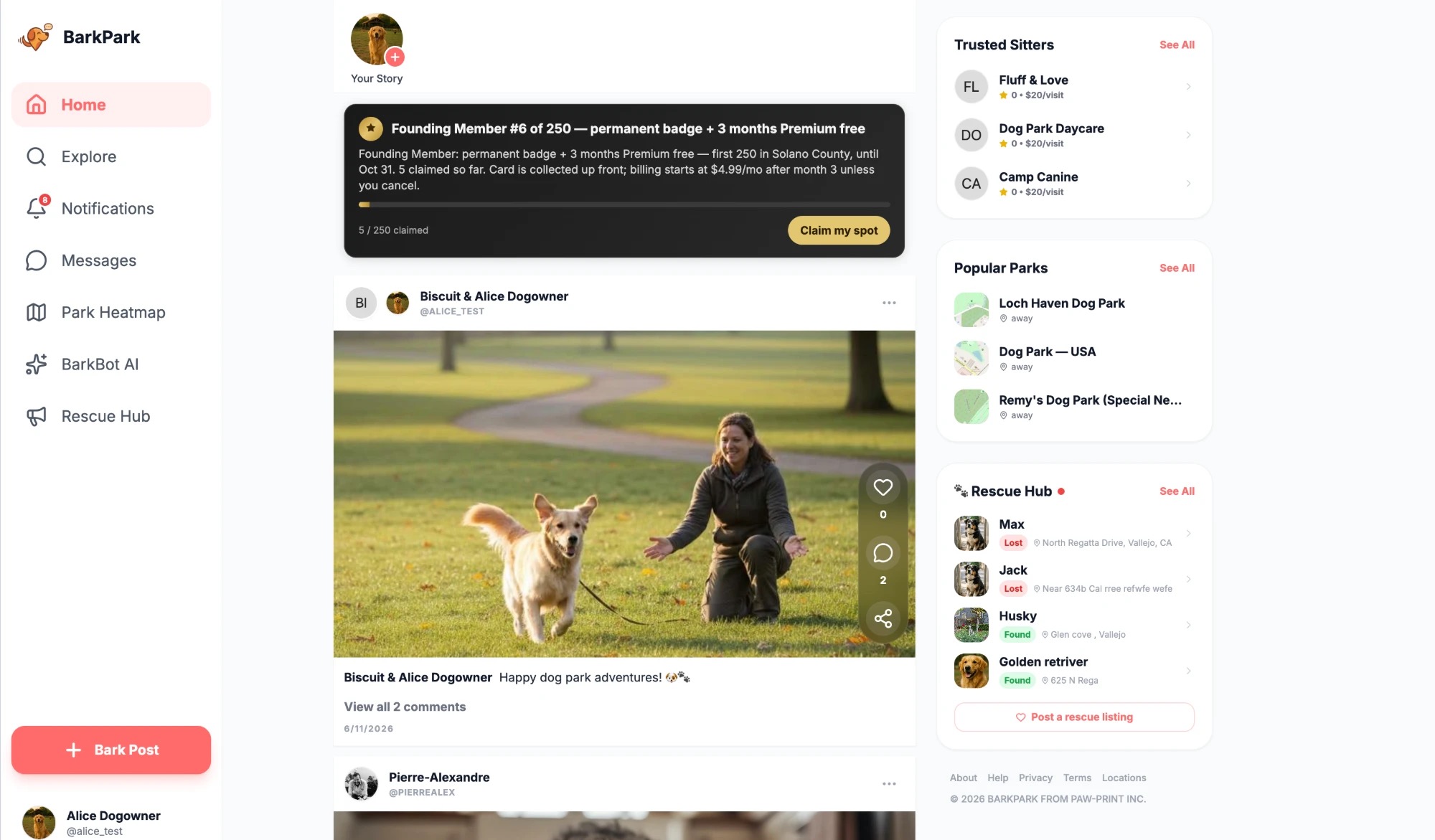 BarkPark home feed &mdash; posts, Rescue Hub, Trusted Sitters