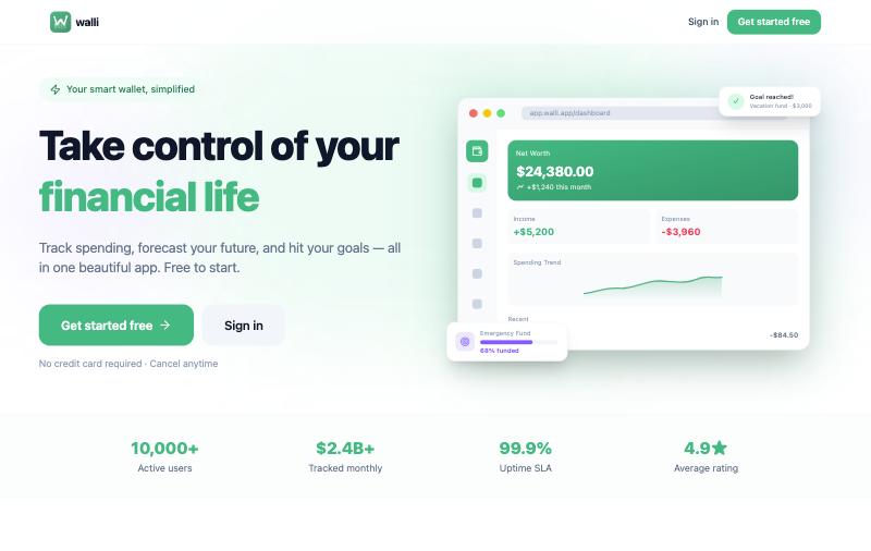 Walli landing page &mdash; personal wealth tracker